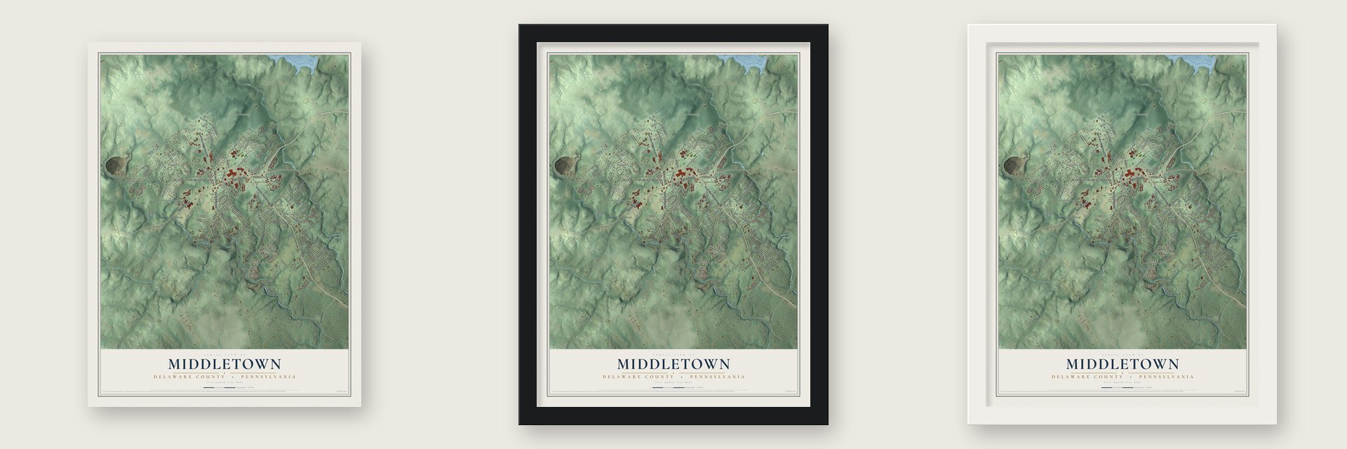 Middletown, Delaware County, Pennsylvania map unframed, in a black wood frame and in a white wood frame