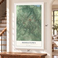Middletown, Delaware County, Pennsylvania map, 24 x 36 inch print in a white frame by a staircase