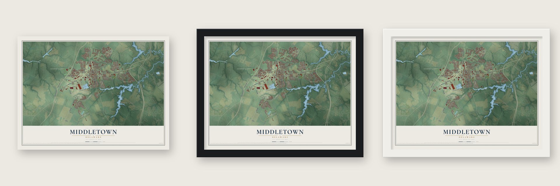 Middletown, Delaware map unframed, in a black wood frame and in a white wood frame