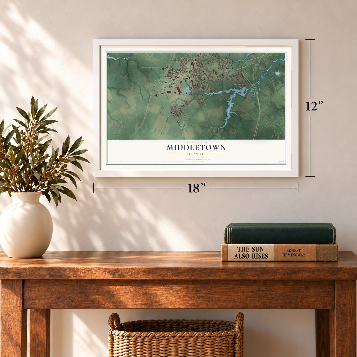 Middletown, Delaware map, 12 x 18 inch print in a white frame in an entryway