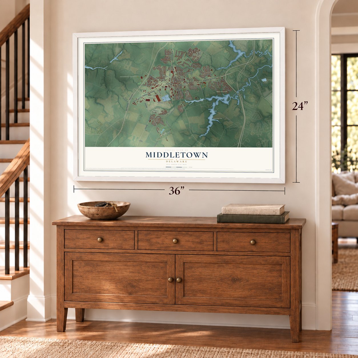Middletown, Delaware map, 24 x 36 inch print in a white frame above a dresser by a staircase