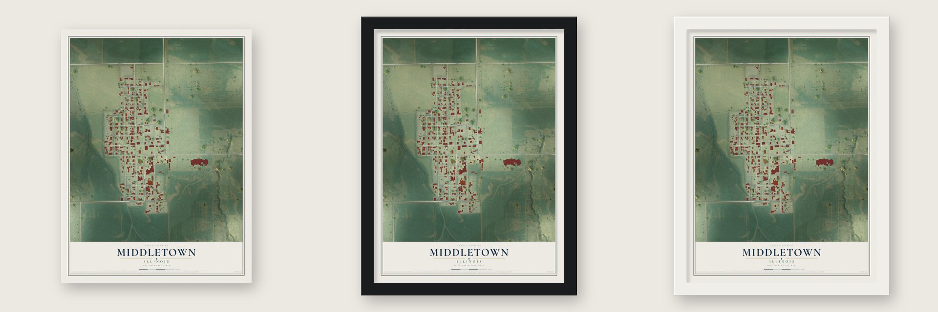 Middletown, Illinois map unframed, in a black wood frame and in a white wood frame