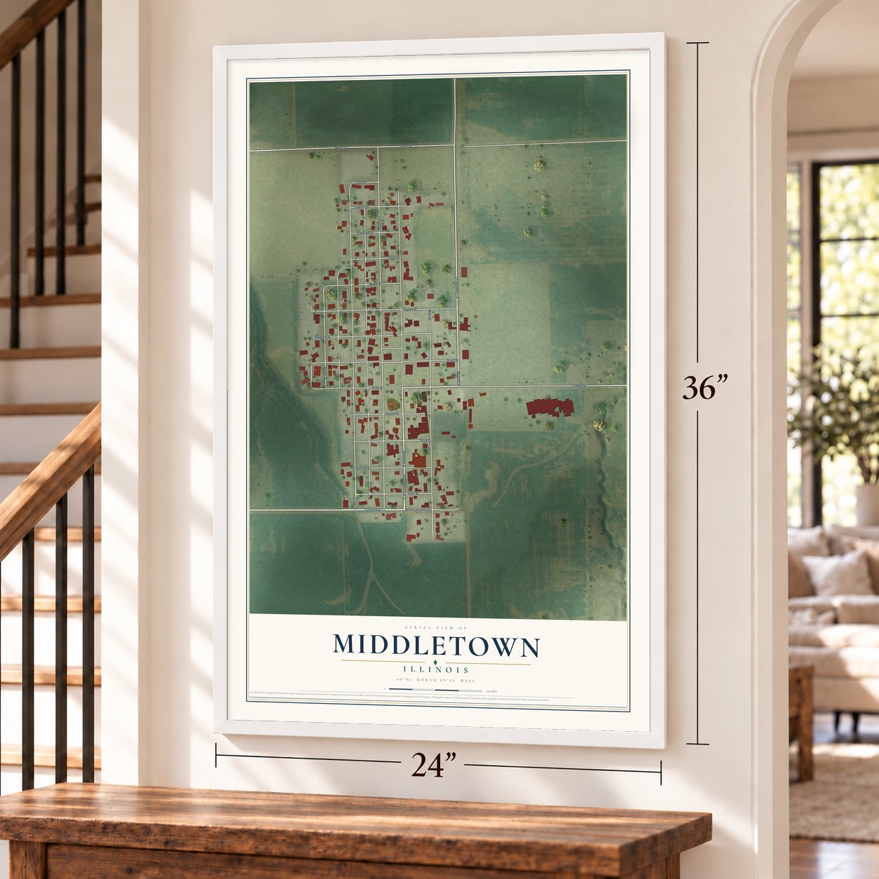 Middletown, Illinois map, 24 x 36 inch print in a white frame by a staircase