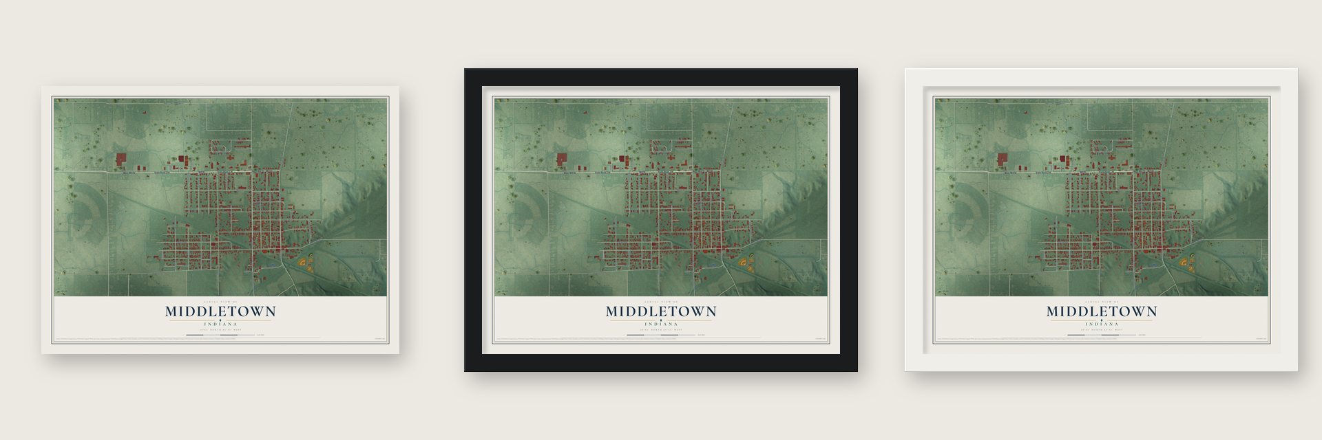 Middletown, Indiana map unframed, in a black wood frame and in a white wood frame