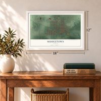 Middletown, Indiana map, 12 x 18 inch print in a white frame in an entryway