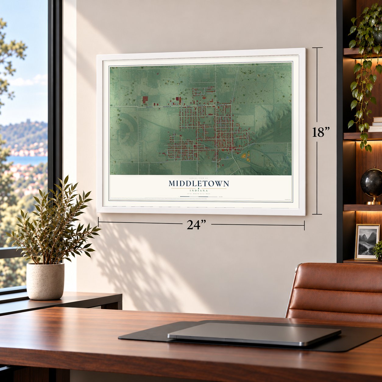 Middletown, Indiana map, 18 x 24 inch print in a white frame in a home office