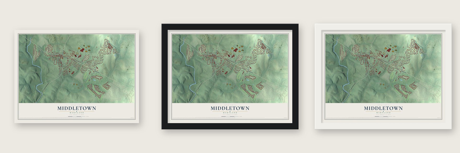 Middletown, Maryland map unframed, in a black wood frame and in a white wood frame