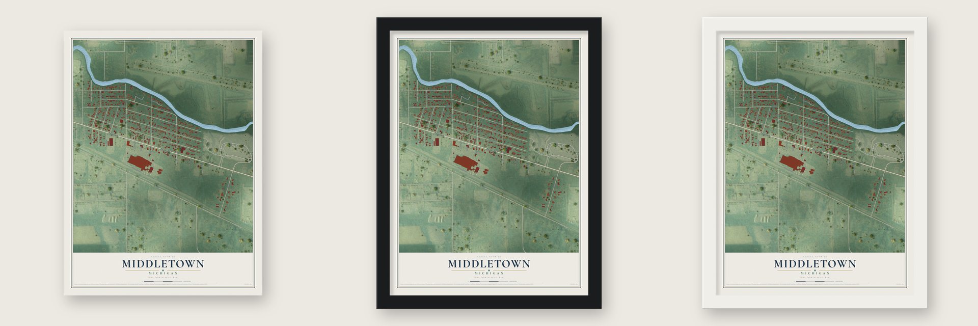 Middletown, Michigan map unframed, in a black wood frame and in a white wood frame