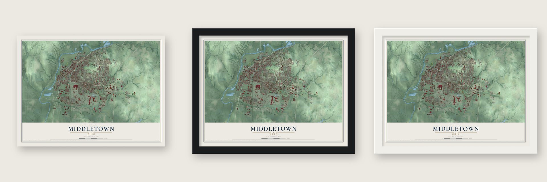 Middletown, Ohio map unframed, in a black wood frame and in a white wood frame