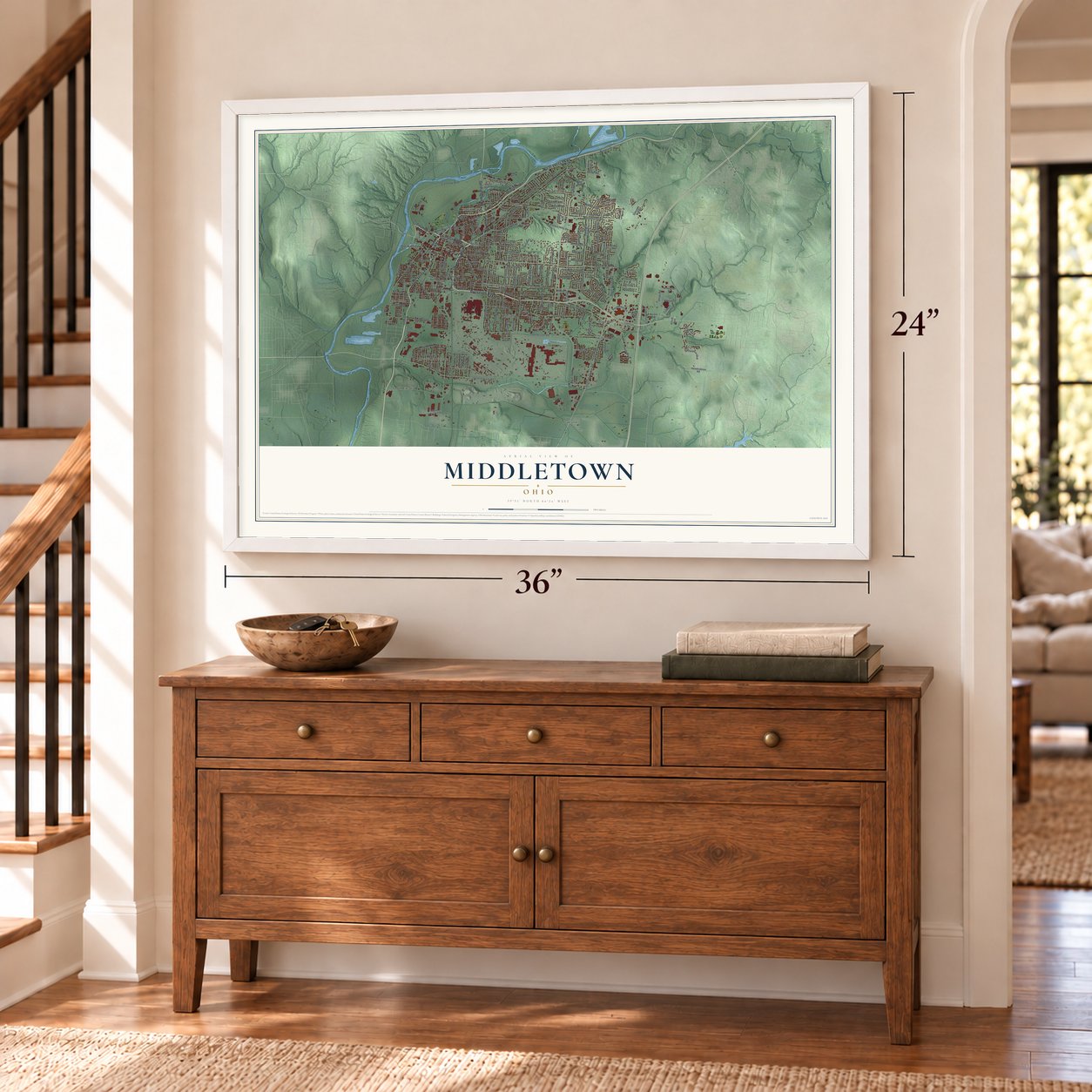 Middletown, Ohio map, 24 x 36 inch print in a white frame above a dresser by a staircase