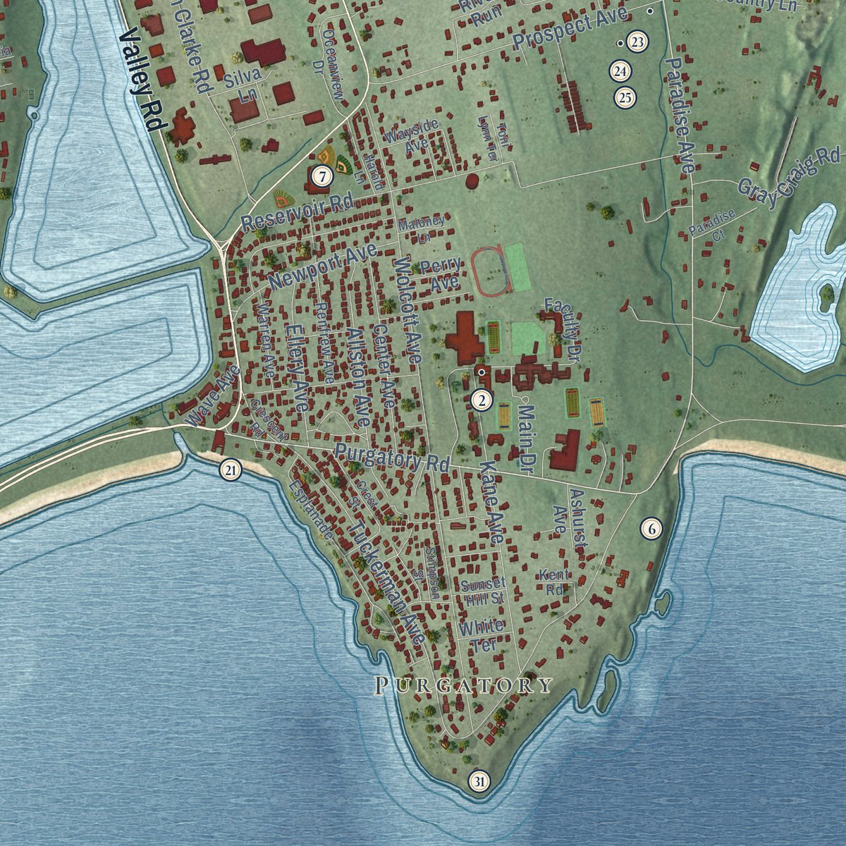 Second close-up of the map of Middletown, Rhode Island print showing more streets and buildings
