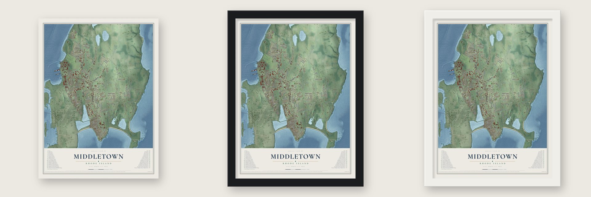 Middletown, Rhode Island map unframed, in a black wood frame and in a white wood frame
