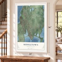 Middletown, Rhode Island map, 24 x 36 inch print in a white frame by a staircase