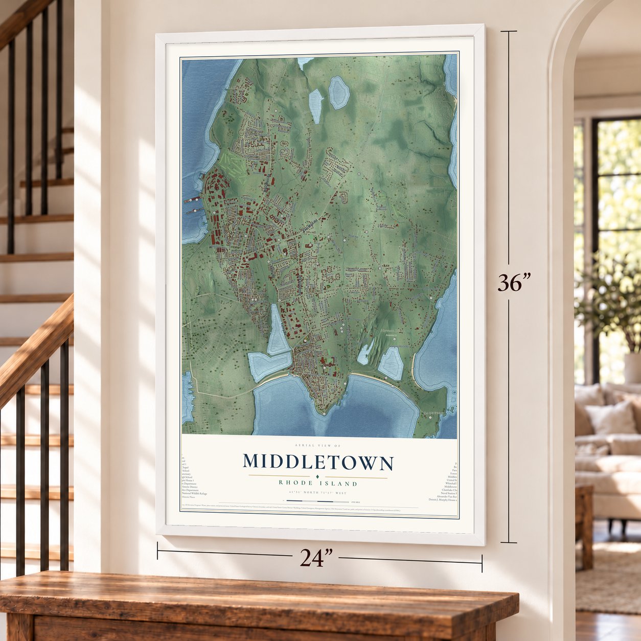 Middletown, Rhode Island map, 24 x 36 inch print in a white frame by a staircase