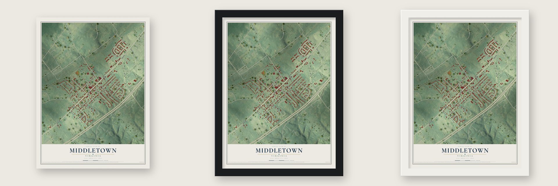 Middletown, Virginia map unframed, in a black wood frame and in a white wood frame