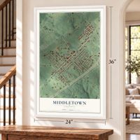 Middletown, Virginia map, 24 x 36 inch print in a white frame by a staircase