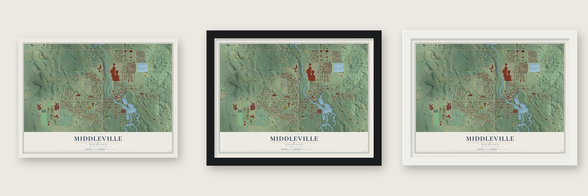 Middleville, Michigan map unframed, in a black wood frame and in a white wood frame