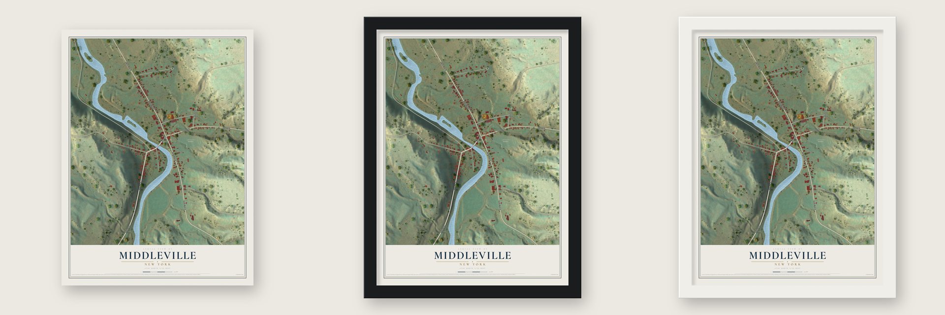 Middleville, New York map unframed, in a black wood frame and in a white wood frame