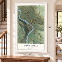 Middleville, New York map, 24 x 36 inch print in a white frame by a staircase