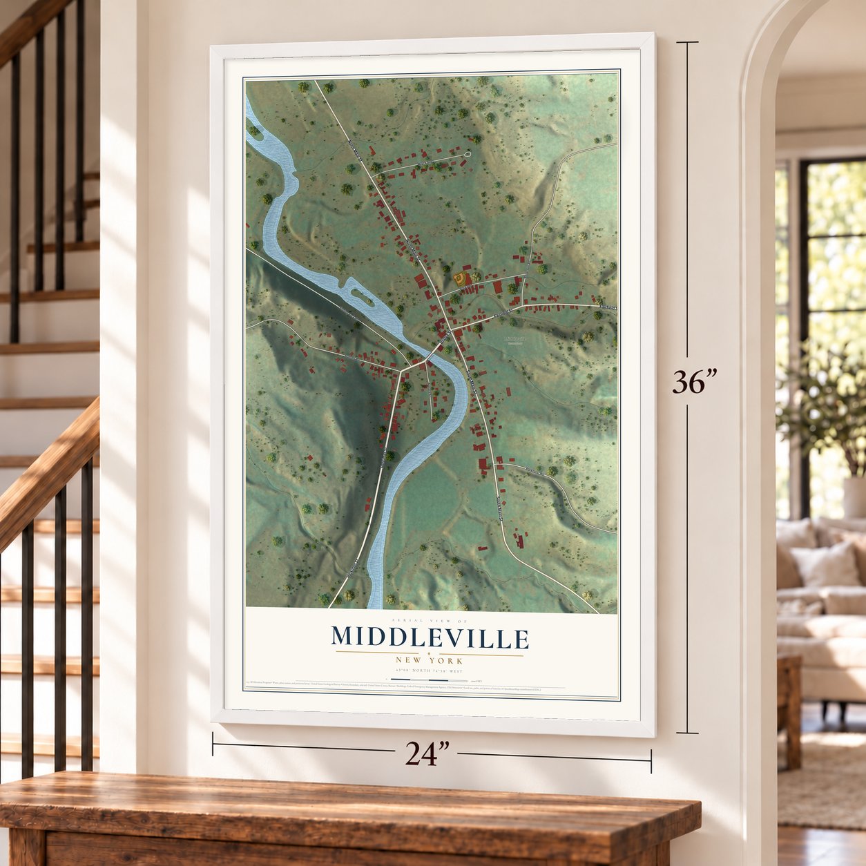 Middleville, New York map, 24 x 36 inch print in a white frame by a staircase