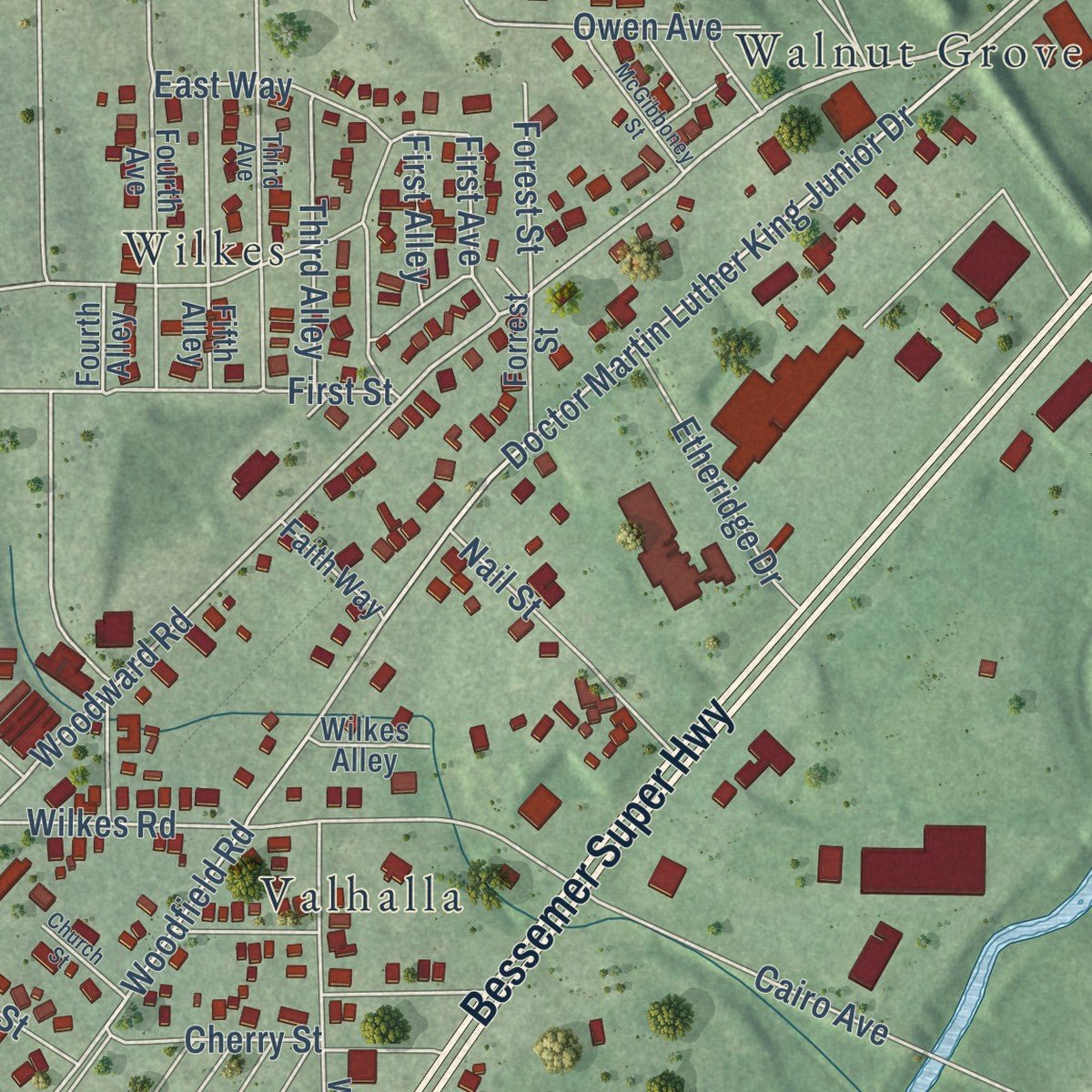 Second close-up of the map of Midfield, Alabama print showing more streets and buildings