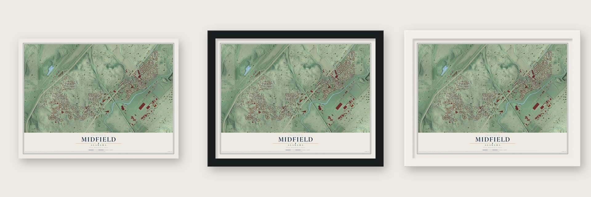Midfield, Alabama map unframed, in a black wood frame and in a white wood frame