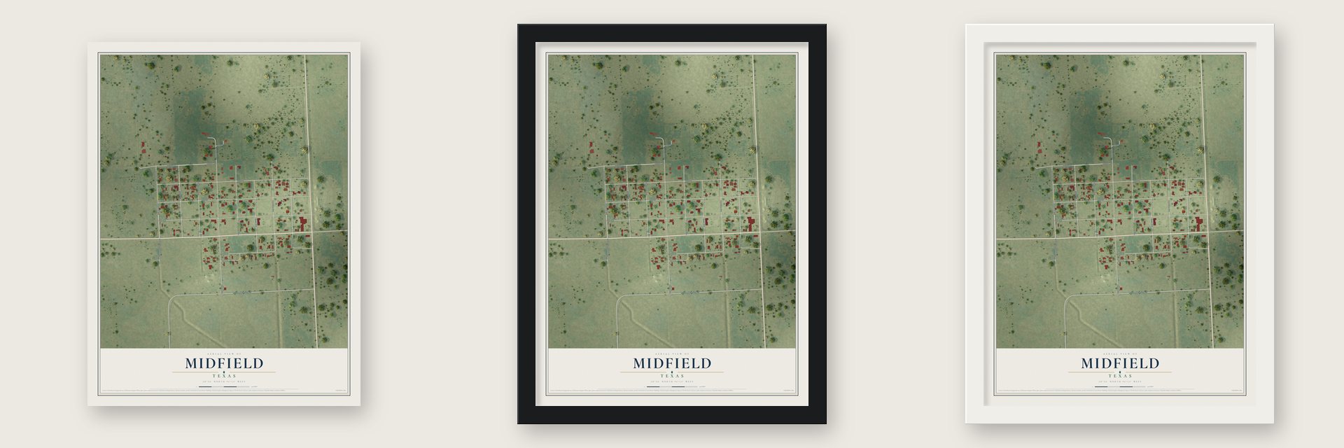Midfield, Texas map unframed, in a black wood frame and in a white wood frame