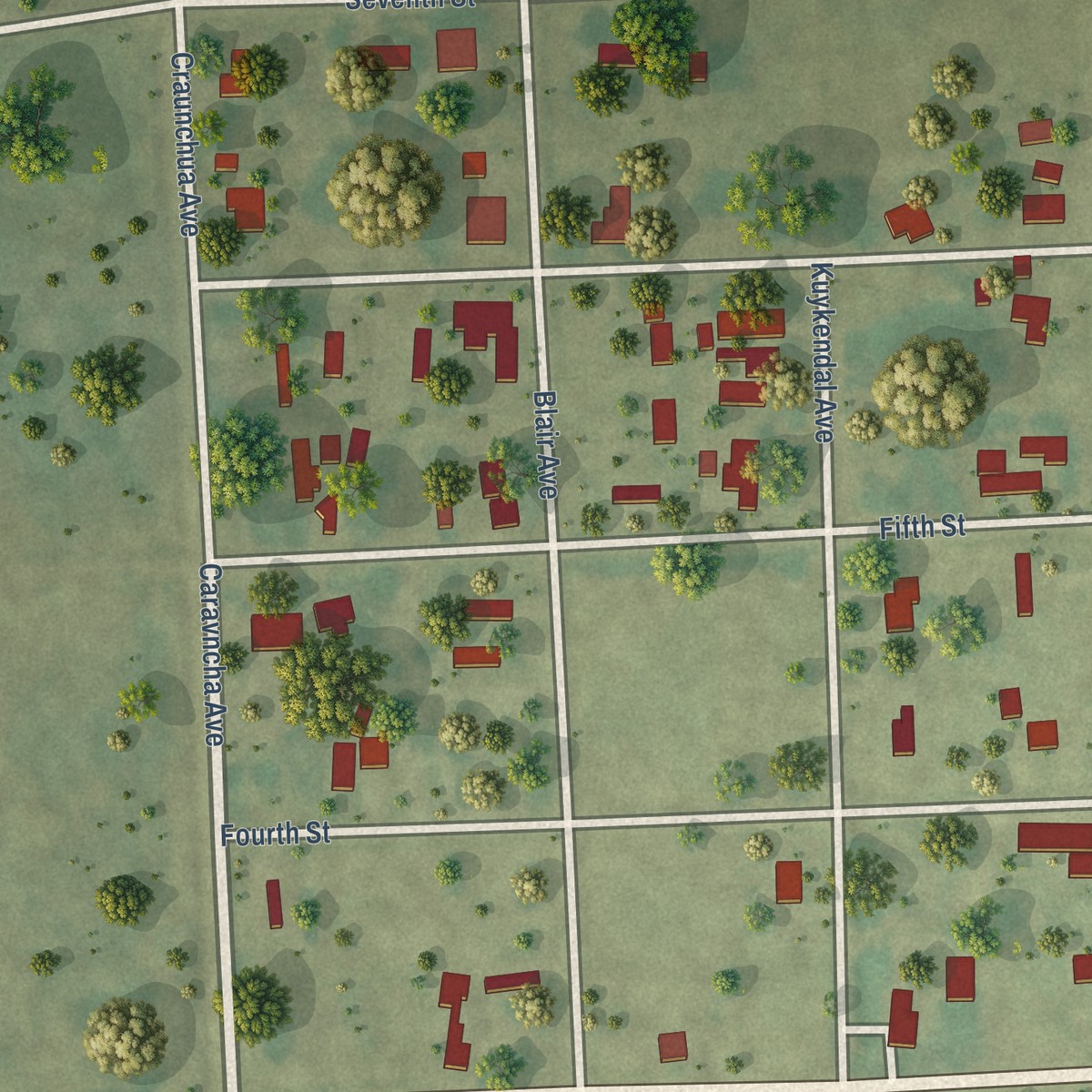 Second close-up of the map of Midfield, Texas print showing more streets and buildings