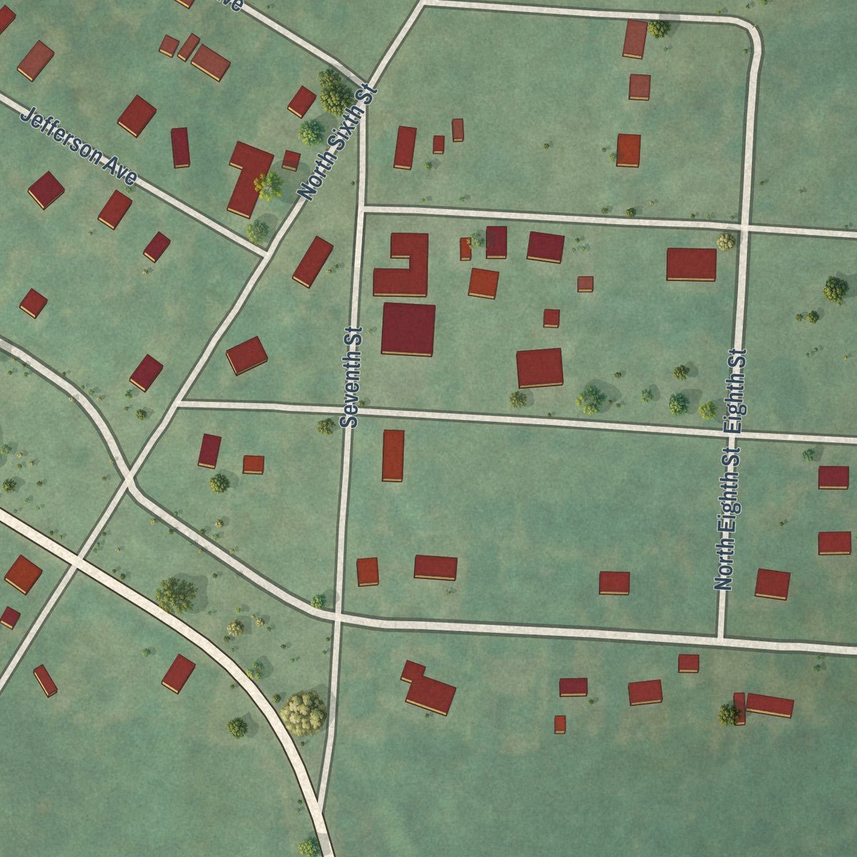 Second close-up of the map of Midland, Arkansas print showing more streets and buildings