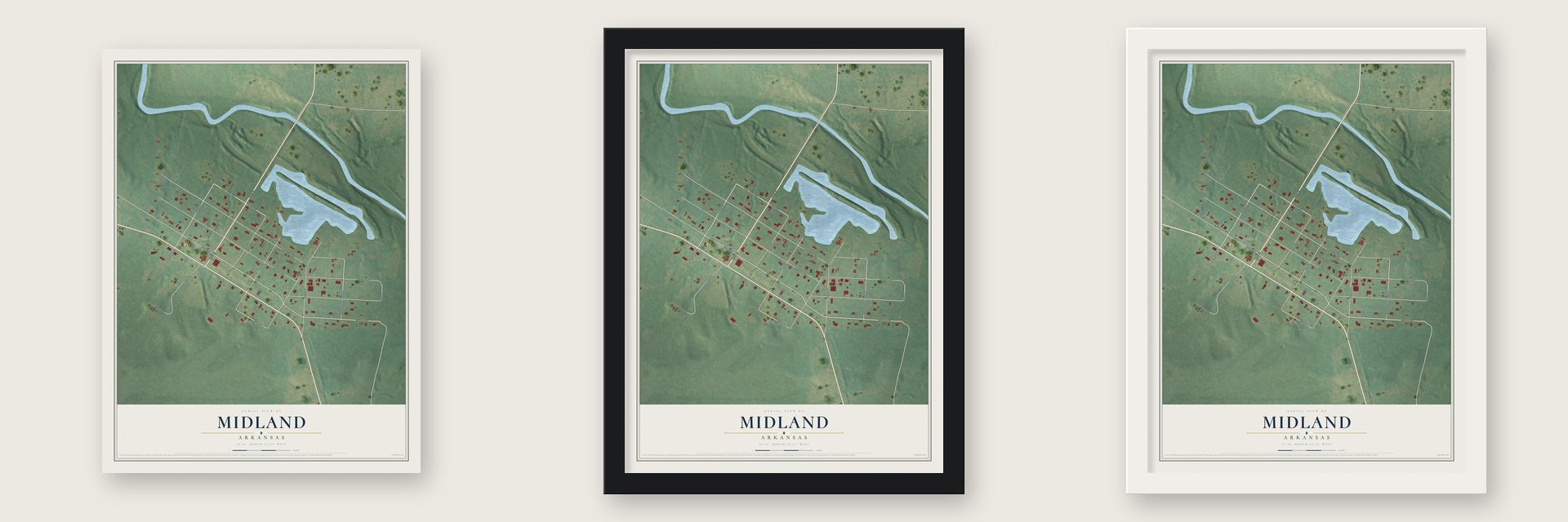 Midland, Arkansas map unframed, in a black wood frame and in a white wood frame