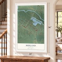 Midland, Arkansas map, 24 x 36 inch print in a white frame by a staircase