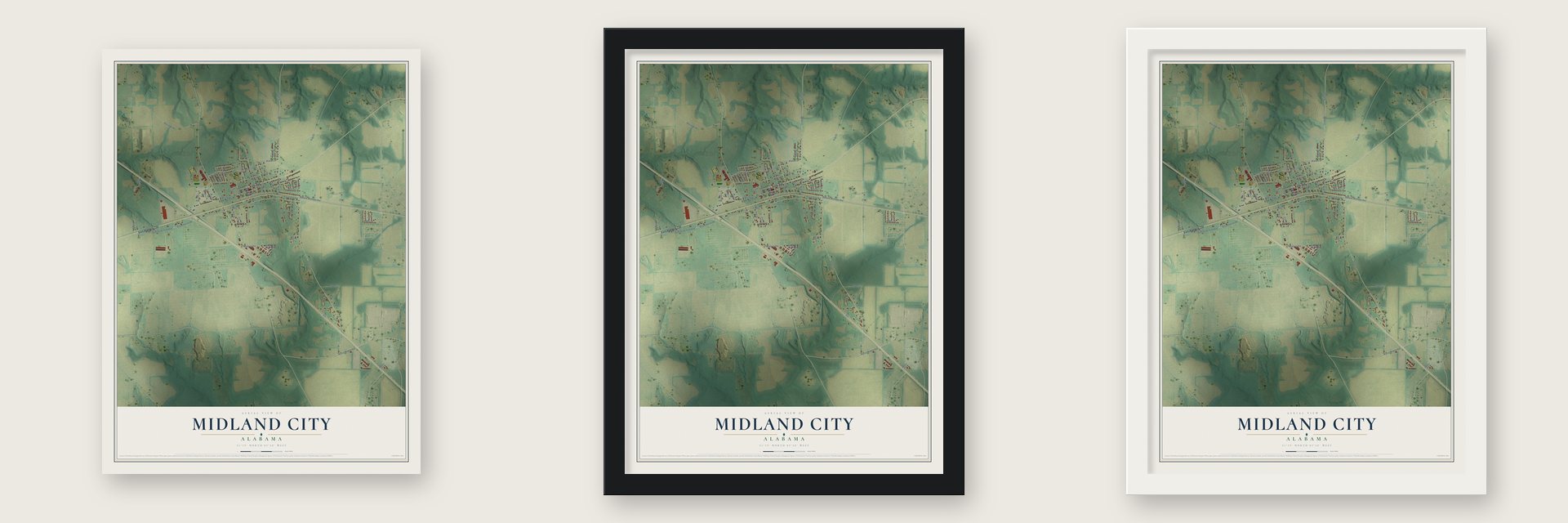 Midland City, Alabama map unframed, in a black wood frame and in a white wood frame