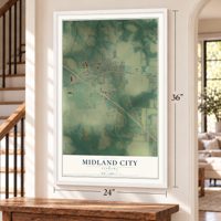 Midland City, Alabama map, 24 x 36 inch print in a white frame by a staircase