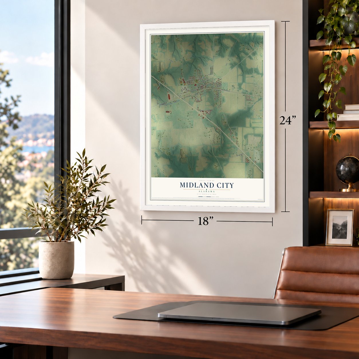 Midland City, Alabama map, 18 x 24 inch print in a white frame in a home office
