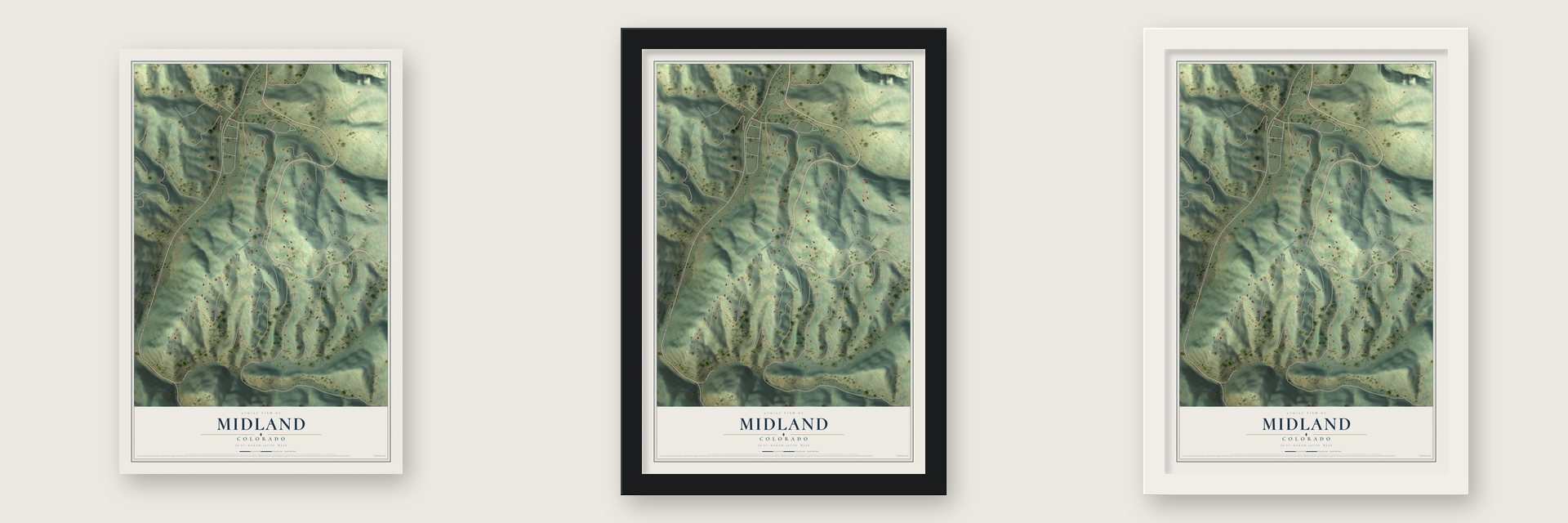 Midland, Colorado map unframed, in a black wood frame and in a white wood frame