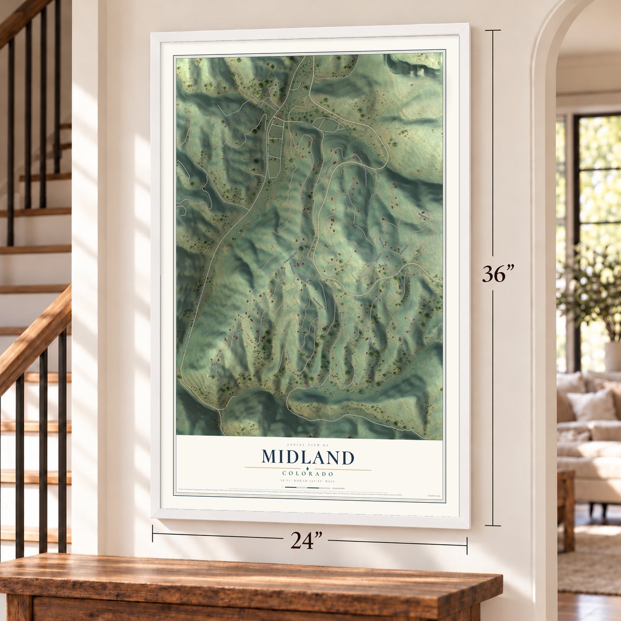 Midland, Colorado map, 24 x 36 inch print in a white frame by a staircase