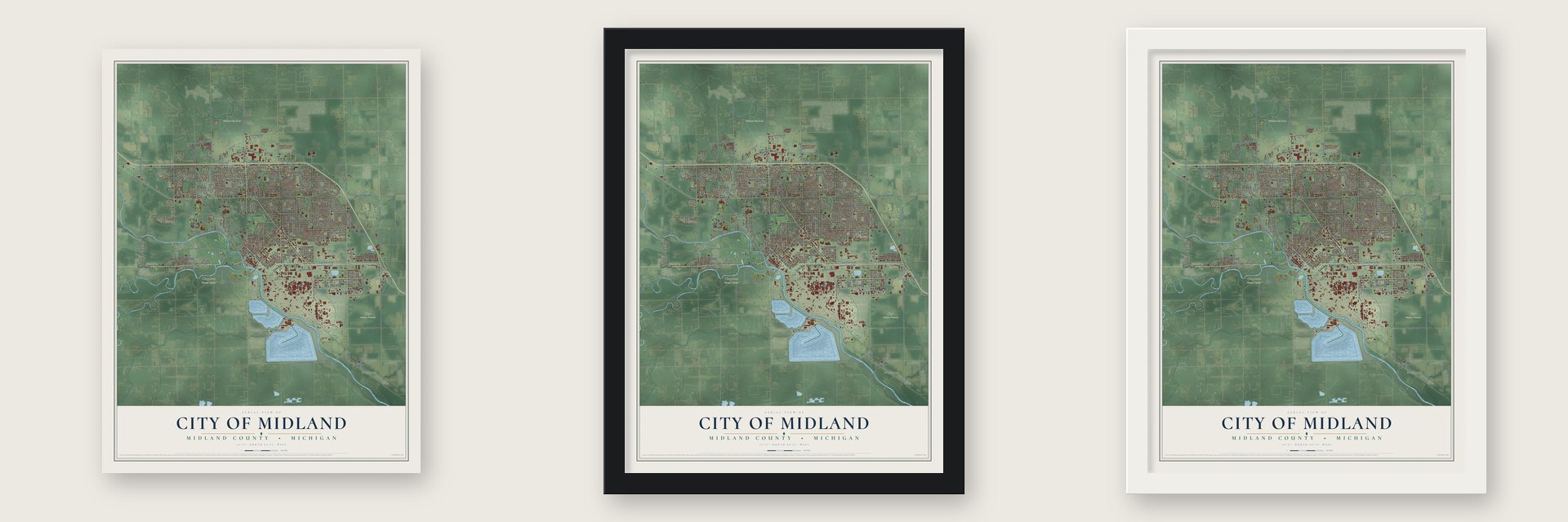 Midland, Michigan map unframed, in a black wood frame and in a white wood frame