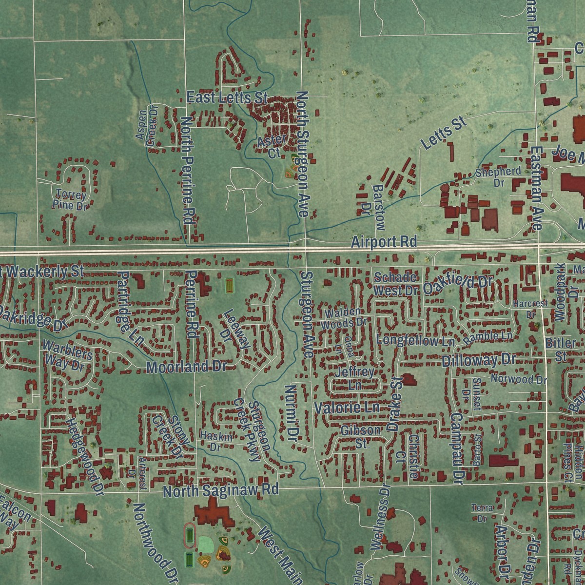 Second close-up of the map of Midland, Michigan print showing more streets and buildings