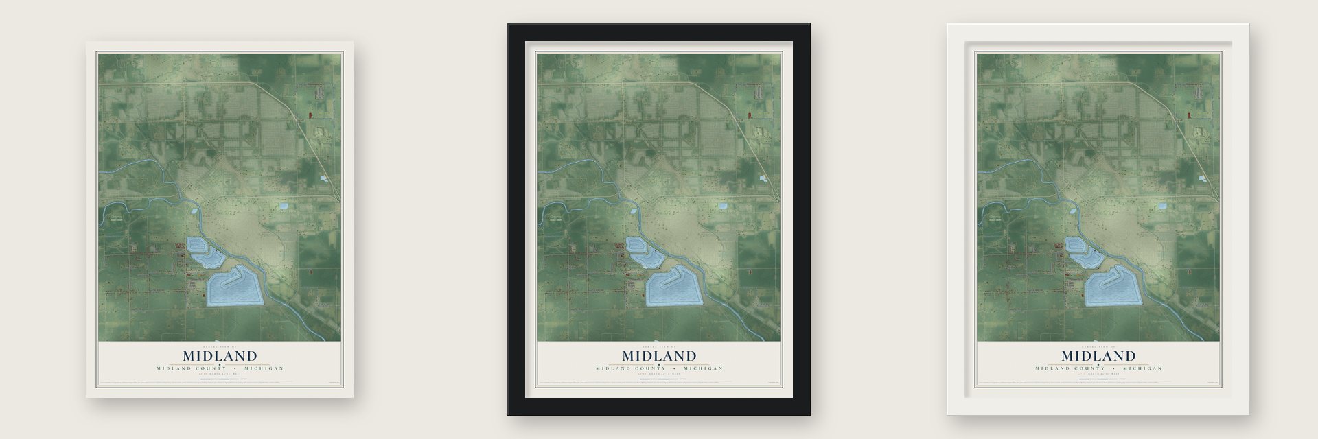 Midland, Midland County, Michigan map unframed, in a black wood frame and in a white wood frame