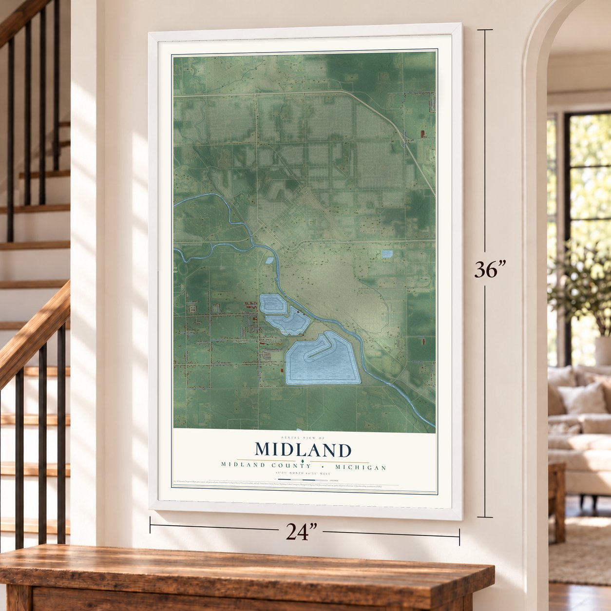 Midland, Midland County, Michigan map, 24 x 36 inch print in a white frame by a staircase