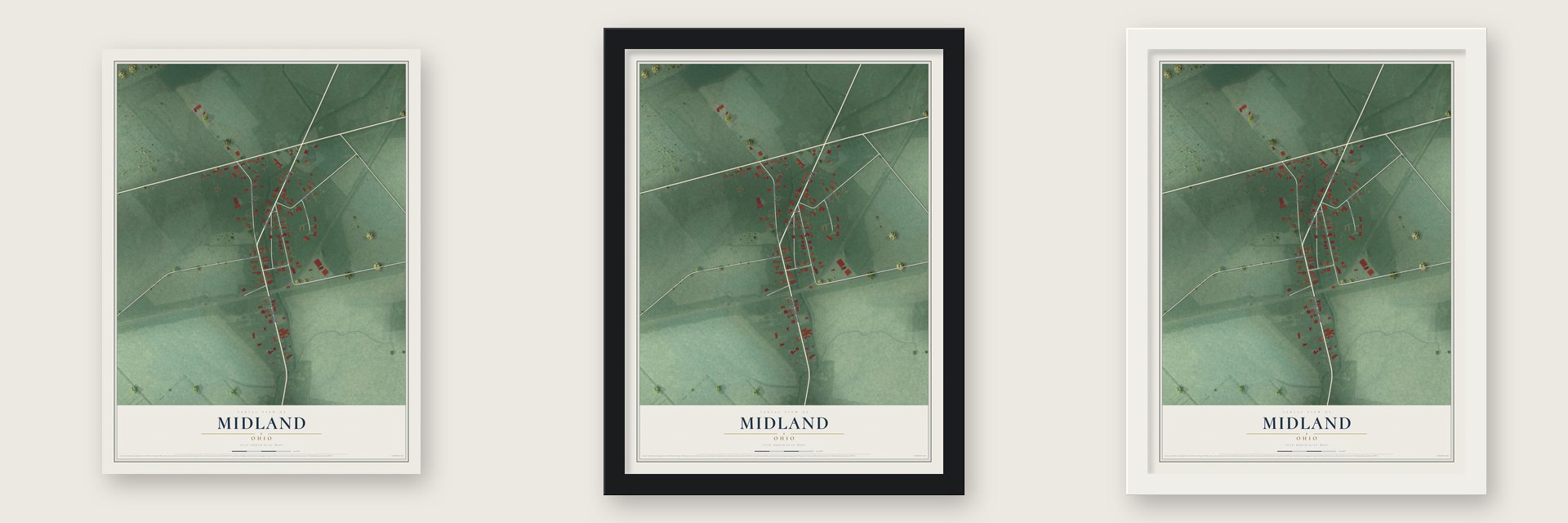 Midland, Ohio map unframed, in a black wood frame and in a white wood frame