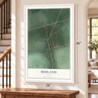 Midland, Ohio map, 24 x 36 inch print in a white frame by a staircase
