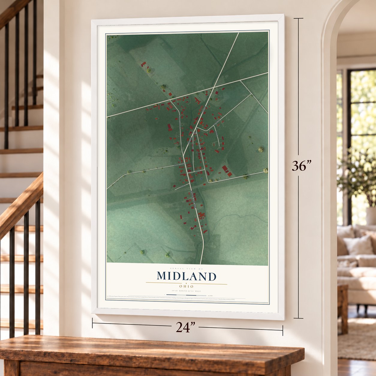 Midland, Ohio map, 24 x 36 inch print in a white frame by a staircase