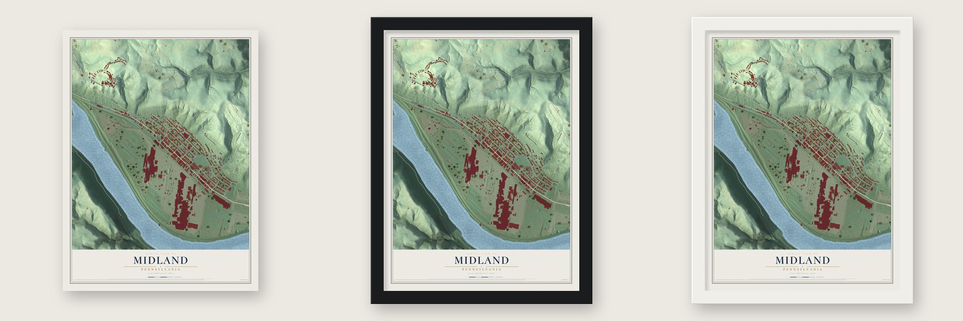 Midland, Pennsylvania map unframed, in a black wood frame and in a white wood frame