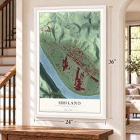 Midland, Pennsylvania map, 24 x 36 inch print in a white frame by a staircase