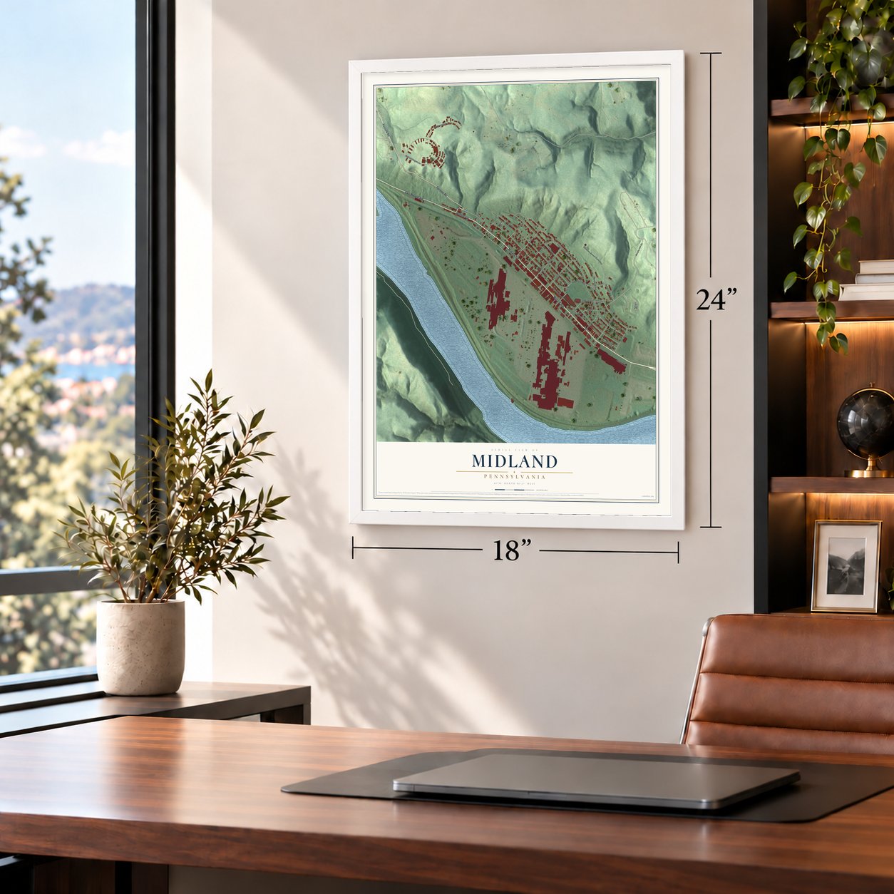 Midland, Pennsylvania map, 18 x 24 inch print in a white frame in a home office