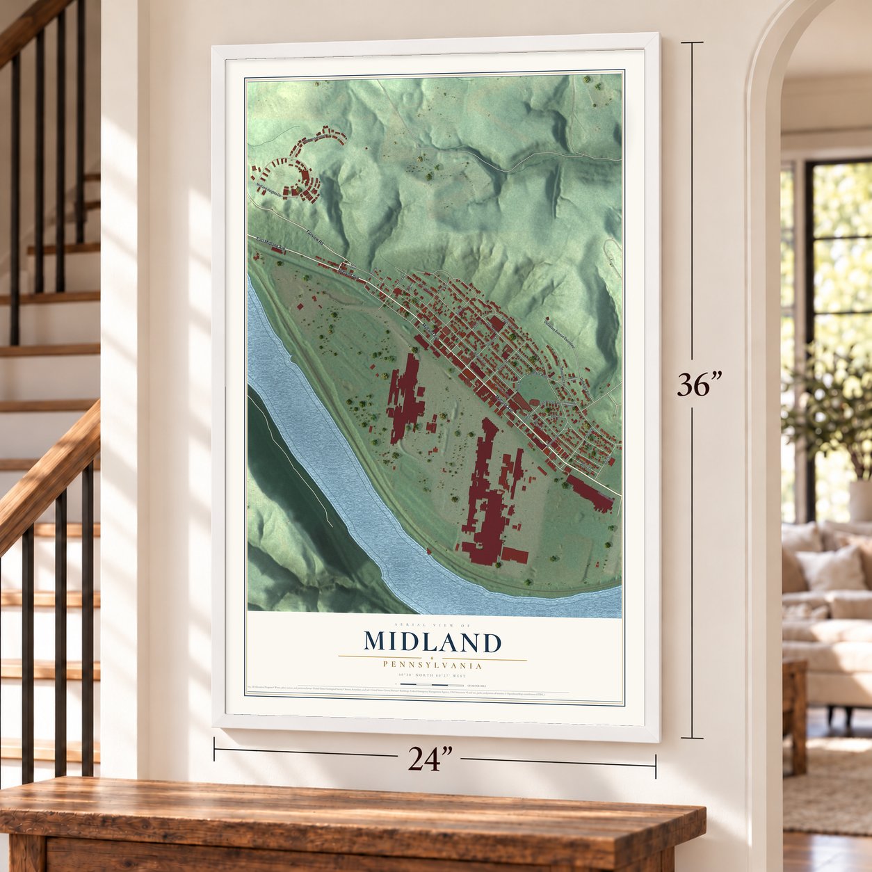 Midland, Pennsylvania map, 24 x 36 inch print in a white frame by a staircase