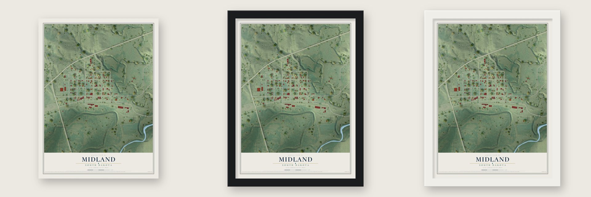 Midland, South Dakota map unframed, in a black wood frame and in a white wood frame