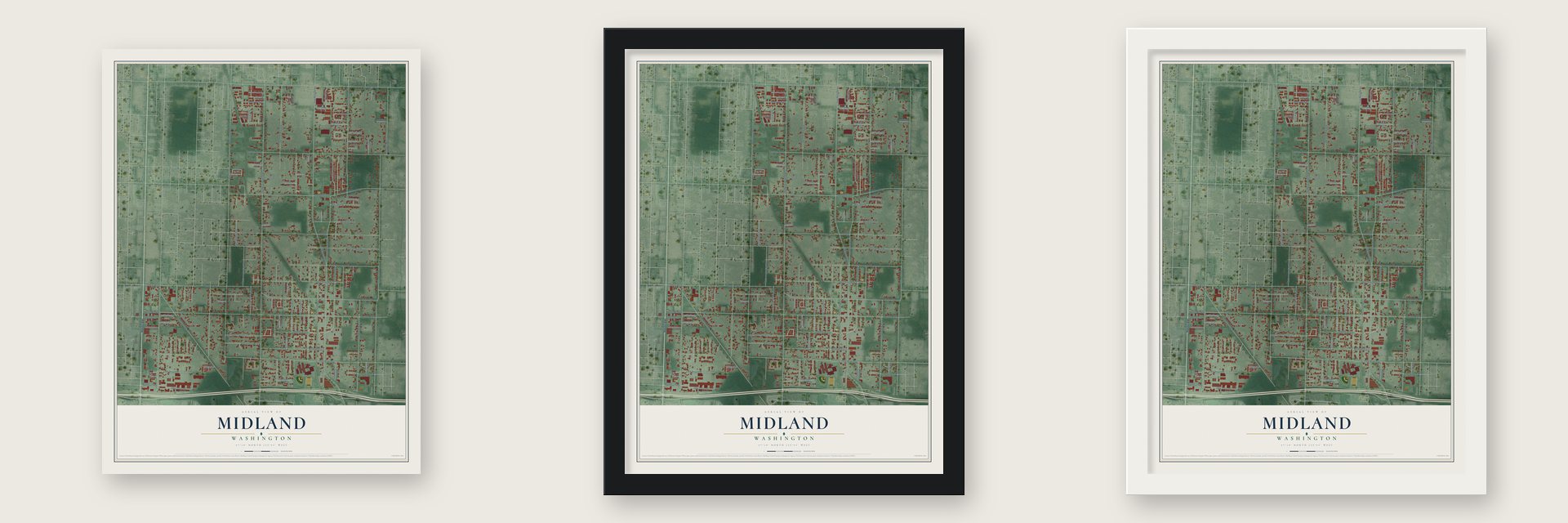 Midland, Washington map unframed, in a black wood frame and in a white wood frame