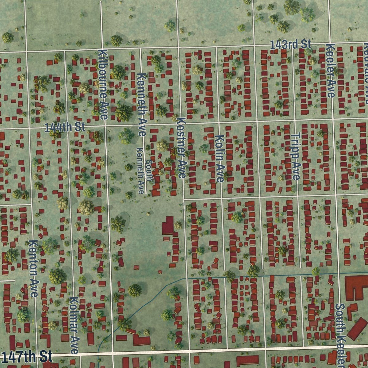 Second close-up of the map of Midlothian, Illinois print showing more streets and buildings